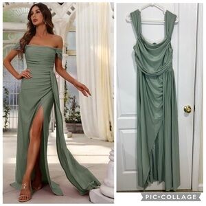 FAERIESTY Elegant Off Shoulder Short Sleeve Slit Dresses size XL